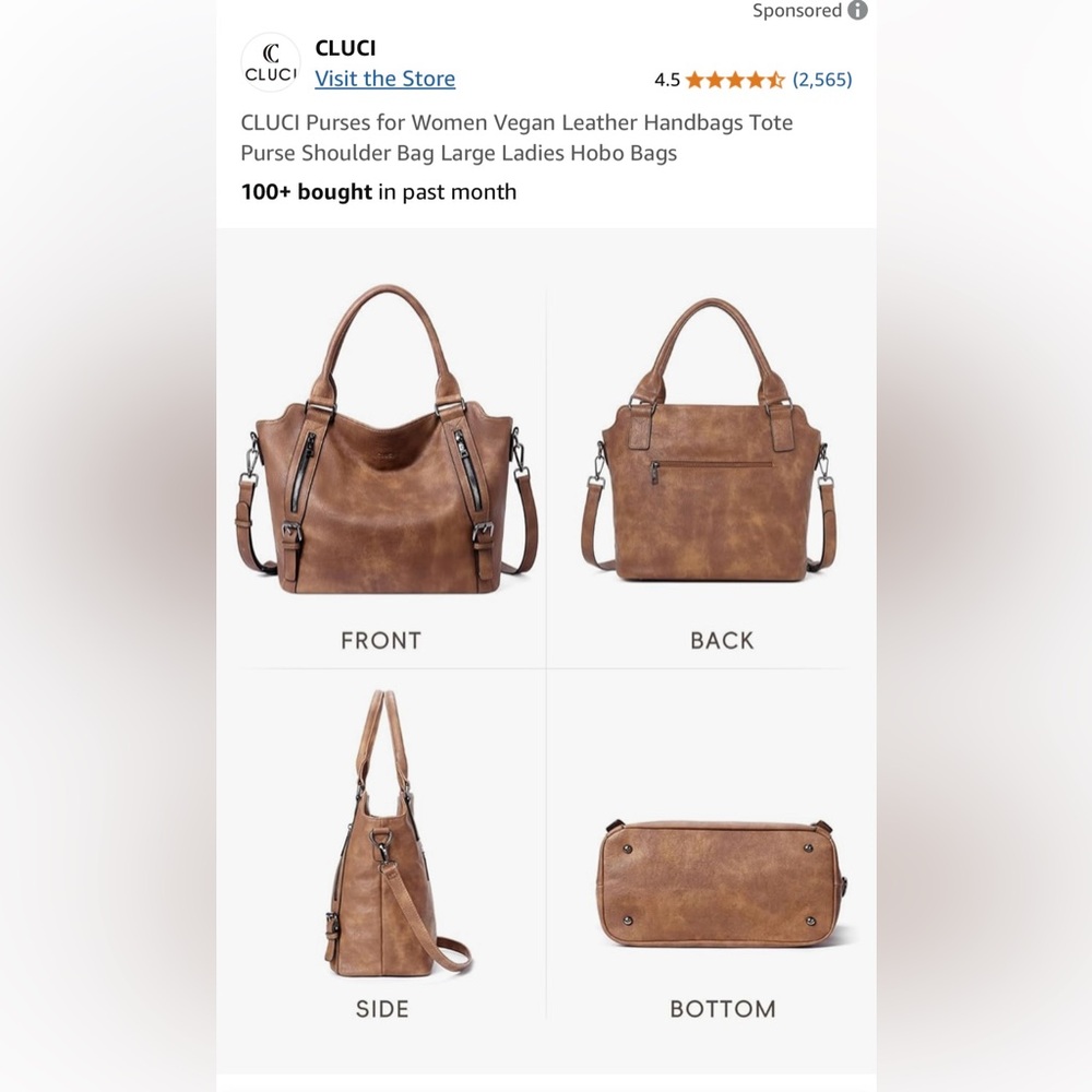 NWOT Brown Vegan Leather Handbag - Picture 7 of 15
